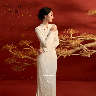 三彩【白雪红梅】2025冬季新款修身连衣裙开叉收腰长裙C