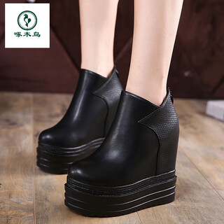 Woodpecker's new genuine leather martin boots 12 thick-soled wedge short boots ultra-high heels platform women's boots with increased height and velvet naked boots black (heel height 14 cm single mile) 35