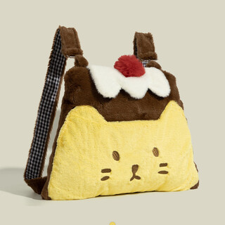 贞喜气可爱暖秋毛绒撞色布丁猫双肩包女高颜值大容量上课通勤背包 布丁猫毛绒双肩包【黄色】
