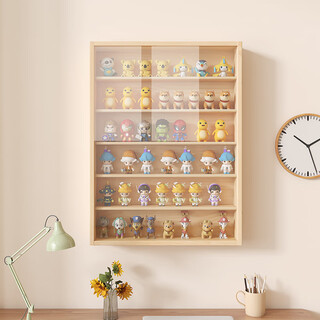He jiagong solid wood blind box display rack storage figure display cabinet bubble mart doll display box wall-mounted wall shelf five-layer hinge door layer height 10cm shipped in complete package