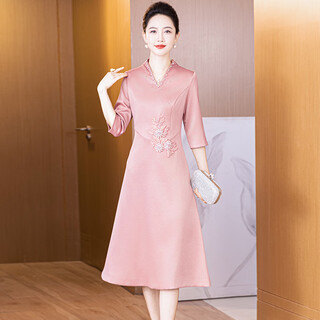 2025 new mother-in-law wedding dress, three-quarter sleeves, temperament, mid-length, pink m