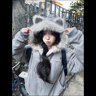 Yifansha cotton coat for women winter mountain sculpture cat ear fur collar hooded down jacket women short suede plush thickened jacket gray one size (please contact customer service to note the size)