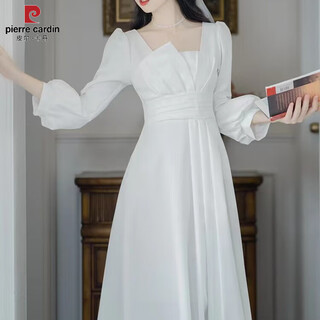 Pierre cardin white dress for women, registered small white dress, light wedding dress, daily wearable, small engagement dress, long sleeves, white 2xl