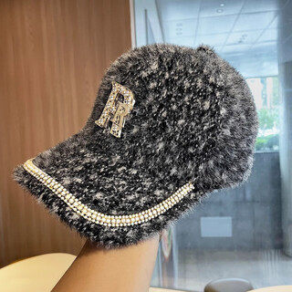Rhinestone letter baseball cap for women autumn and winter plush warm hat korean style fashion versatile mink fur peaked cap ins double r mink fur rhinestone baseball cap - black adjustable