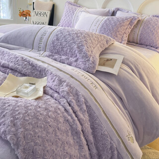 Mercury series french winter warm milk velvet four-piece set princess style rabbit plush quilt cover coral velvet sheets style bedding non-static milk velvet-rose purple 1.5m sheet style quilt cover 200 230