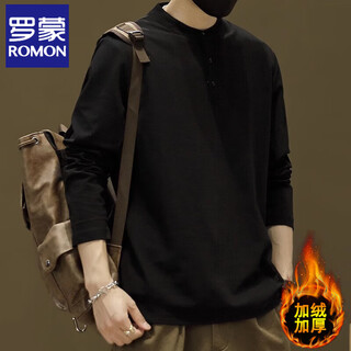 Romon stand collar cotton long-sleeved t-shirt men's spring and autumn american tops casual solid color henry collar polo bottoming shirt 56168 black style plus velvet 4xl about 170-190jin jin is equal to 0.5 kg