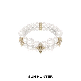 Three horizontal sun hunter lace shimmer double-layer pearl cross bracelet french retro bracelet bracelet lace cross double-layer bracelet (light titanium)