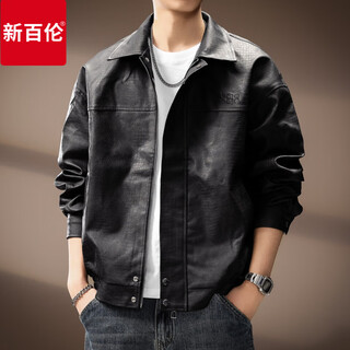 New balance high-end japanese retro motorcycle lapel pu leather jacket for men in autumn new high street fashion brand loose bomber jacket for men black l