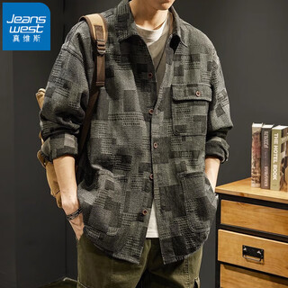 Jeanswest high-end heavyweight thickened long-sleeved shirt men's autumn trendy brand loose large size top american work shirt jacket black xl suitable for 145-160jin jin equals 0.5 kg