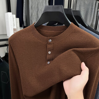 Emz ordos high-end worsted wool sweater men's henry round neck casual fashion thin sweater spring and autumn wool dark red brown m