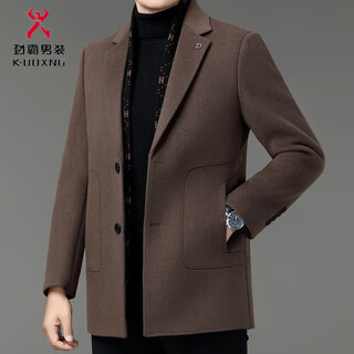 劲霸冬季羊毛大衣男中年西装领休闲百搭双面呢子外套羽绒内胆厚款风衣 6666棕色(可拆卸羽绒内胆) M 170/48