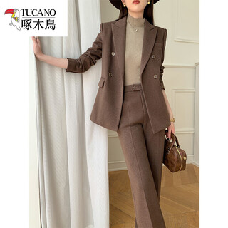 Woodpecker (tucano) woolen suit suit for women 2025 autumn and winter new style professional temperament high-end fashion woolen jacket thickened suit brown woolen short suit + bootcut pants l