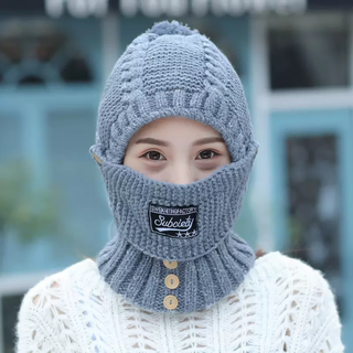 Chajin hat women's winter knitted warm woolen hat neck scarf mask integrated scarf hat ear protection cycling windproof pullover hat gray ear protection windproof/velvet thickening