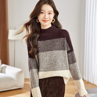 Shexi (srcr) thick loose wool sweater women's 100% wool soft waxy sweater spring and autumn half turtle collar contrast color knitted bottoming sweater
