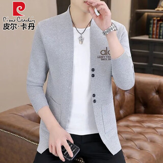 Pierre cardin high-end wool knitted cardigan jacket for men spring and autumn new style fashionable and versatile outer wear long-sleeved sweater gray 2xl recommended 150-165jin jin equals 0.5 kg
