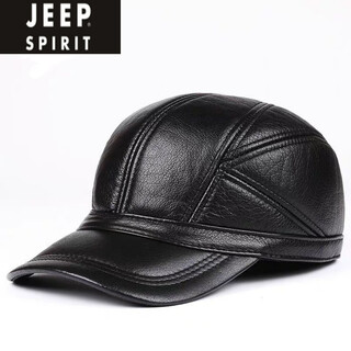 Jeep spirit men's ear protection plus cotton genuine cowhide hat baseball cowhide cap autumn and winter middle-aged and elderly genuine leather hat black m one size fits all (55-61c) adjustable
