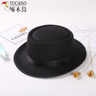 Woodpecker retro british korean version autumn and winter bowler hat woolen flat top men's and women's british jazz hat casual hat black m (56-58cm)