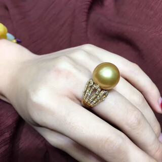 Ten-leaf australian white pearl ring, wide, round and bright, luxurious full diamond s925 silver living mouth hand ornament, south sea gold seawater pearl, 14mm gold pearl ring