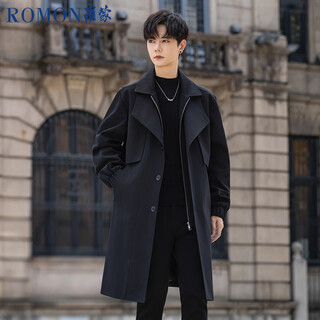 Romon windbreaker men's mid-length autumn and winter korean style loose double-layer collar fake two-piece coat black l