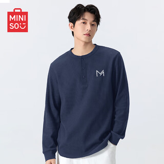 Miniso long sleeve men's t-shirt trendy henry collar waffle bottoming shirt autumn boys loose t-shirt z dark blue l