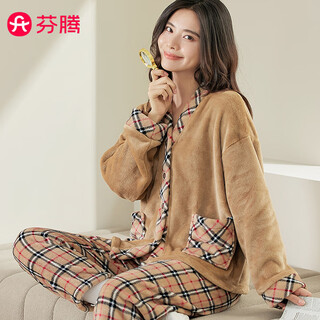 Fenton 2025 autumn and winter new coral velvet plaid couple pajamas can be weared outside age-reducing coffee color coffee plaid women f001 l