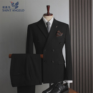 Saint angelo suit men's suit wedding double-breasted british style lapel groom engagement wedding slim striped formal suit black (suit + vest + trousers) three-piece suit s 46 (85-100jin jin is equal to 0.5 kg)
