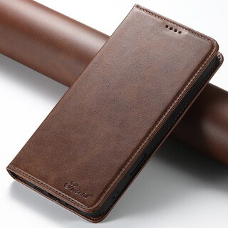 Luo yi is suitable for apple 17promax mobile phone case iphone16/15/14/13pro genuine leather clamshell magnetic leather case all-inclusive anti-fall silicone protective cover for men and women high-end brown calf simple magnetic leather case apple 15promax