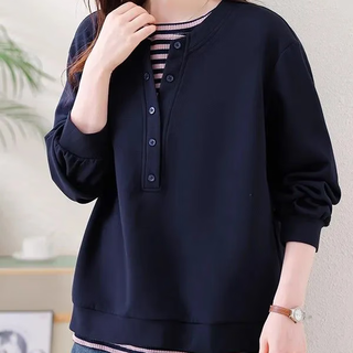 Siyujun fat mm fashion fake two-piece sweatshirt women 2025 autumn new autumn clothing women's large size loose casual women's top navy blue l recommended 120-150jin jin is equal to 0.5 kg