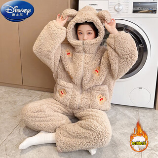 Disney girls' pajamas autumn and winter thickened and velvet 24 new children's hooded home clothes three-layer quilted winter flannel df59 patch bear regular style 120 cm