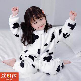 Miyi children's flannel baby winter pajamas coral velvet boys and girls plus velvet home clothes baby anti-kick quilt sleeping bag milky white cow coral velvet zipper jumpsuit-110cm (2 and a half to 3 years old)