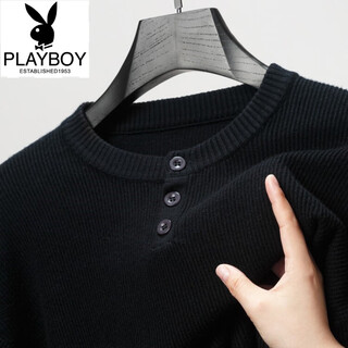 Playboy (playboy) henry collar t-shirt men's long-sleeved autumn new jacquard inner layering shirt three-button round neck men's knitted sweater wool t black q-19227 m 48