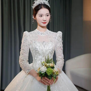 Wei lianmenglan wedding dress 2025 bride's main wedding dress long sleeve outlet dress french heavy industry retro lace palace style welcome ceremony dress floor-length style + veil support m