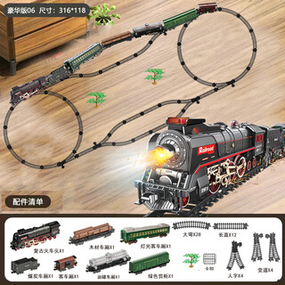 奋铭复古蒸汽小火车高铁动车模型遥控男孩玩具儿童绿皮轨道车玩具 蒸汽火车06全套变轨+6车厢(316*118cm) 遥控+电动-双模式-礼盒装【充电版】可任意DIY轨