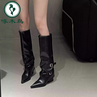 Woodpecker antique thick heel pants boots pointed toe boots women's 2025 new autumn and winter black pile boots long cycling boots black 37
