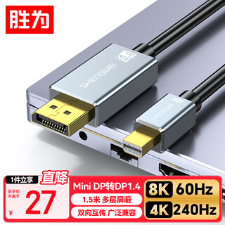 胜为Mini DP转DP转接线 1.4版转换器 8K60Hz高清雷电转接头 苹果Mac笔记本接显示器1.5米AMD1015J
