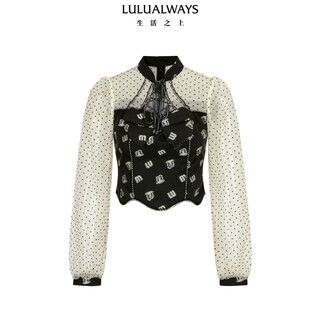 Lulualways shopping mall same style 25 winter new retro palace style mesh bow slim shirt black s