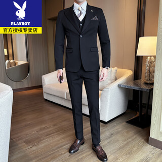 Playboy lapel two-button suit men's business casual solid color korean slim fit groom's wedding suit three-piece black suit + trousers + vest 4xl (165-180jin jin equals 0.5 kg)