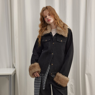 Unifree barn style denim jacket with fur collar stitching 25 new winter new loose warm thickened cotton coat black m