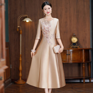 Seasonal champagne color grandma's dress autumn and winter new mother's wedding wedding banquet elegant mid-length dress 3 champagne gold 8010 m (90jin jin is equal to less than 0.5 kg)