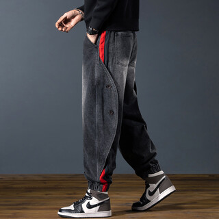 Egmo american retro washed leggings jeans for men in autumn 2025 new style stitching fashion trend harem pants black gray h2602 m