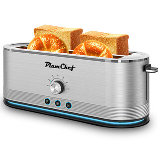 Plumchef 4-slice toaster, defrost/reheat function, removable bread tray, full body stainless steel shell, 1350w, anti-fingerprint and anti-jam