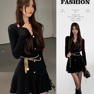 Miao yijia black long-sleeved dress women's autumn and winter knitted skirt 2025 new style small fragrant hip hip skirt temperament pure desire black hepburn style knitted dress with waist chain one size fits all recommended 85-120 jin jin equals 0.5 kg