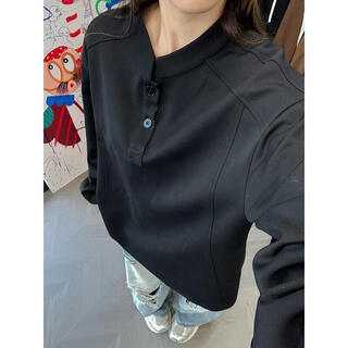 Jiaojinghua gray henley collar long-sleeved t-shirt men's autumn cleanfit right shoulder polo shirt heavy loose base sweatshirt black 3xl