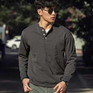 American 300g heavy henley collar long-sleeved t-shirt for men in spring and autumn retro 2025 autumn base henley shirt dark gray_ 300g heavy cotton 2xl
