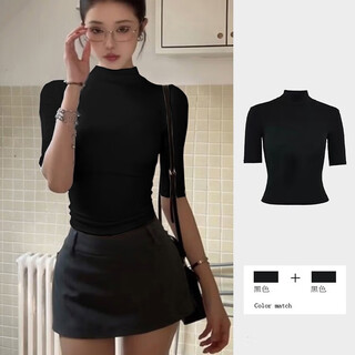 Miao yijia black half-turtle collar bottoming shirt for women that can be worn as an inner layer and a foreign-style top for fall and winter new style t-shirt with a slim and high-end feel. black half-turtle collar slim-fitting mid-sleeve bottoming shirt. one size fits all. recommended 80-120 jin jin is equal to 0.5 kg.