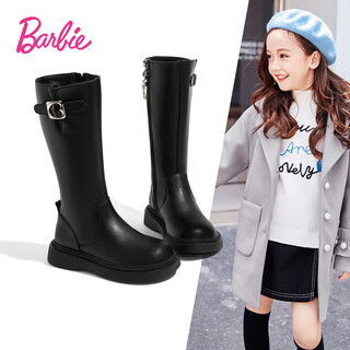 Barbie children's shoes girls boots spring and autumn high leather boots girls cotton boots children's boots da6982 black 35