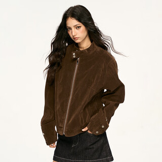 Aaisup american retro suede stand collar jacket women's 2025 autumn high-end versatile slim loose jacket top brown m