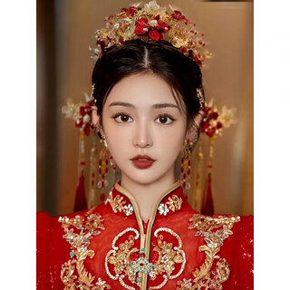 Mengdong xiuhe clothing headdress chinese style bridal phoenix crown 2024 new red bow glazed hair crown ancient style wedding hair accessories b main crown + back area + hairpin + earrings gift box