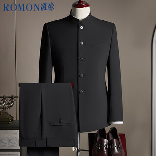 Romon suit + trousers new chinese style stand collar tunic business dress blazer black 4xl