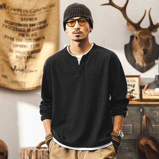 Fat brother american retro 400g heavy fake two-piece long-sleeved t-shirt for men spring and autumn new texture waffle tough guy henry shirt black heavy 400g 3xl weight 180-200jin jin is equal to 0.5 kg